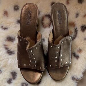 Michael Kors Astor Bronze Studded Open-toe Leather Platform Mules/Slides, 8.5M